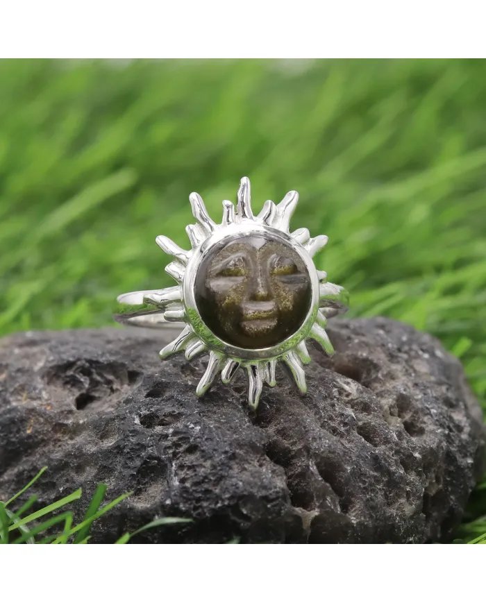 Obsidian Ring - 925 Sterling Silver Handmade Face Carving Jewelry