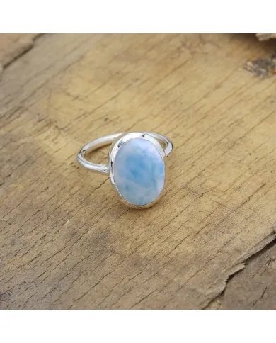 Natural Larimar Ring - 925 Sterling Silver Handmade Oval Shape Jewelry