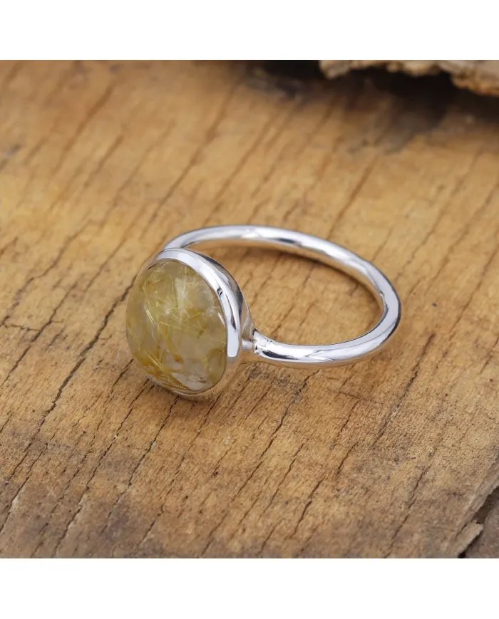 Rutilated Quartz Gemstone Ring - 925 Sterling Silver Handmade Jewelry