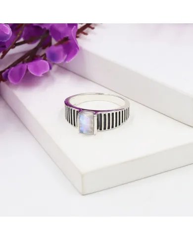 Rainbow Moonstone Ring - 925 Sterling Silver Oxidized Finish Jewelry