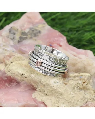 Oxidized Silver Relief Spinner Ring with Copper Flower - Handmade Jewelry