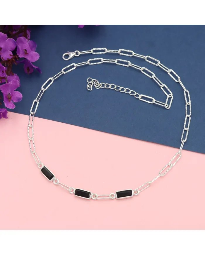 Black Onyx Necklace - 925 Sterling Silver Handmade Chain Jewelry