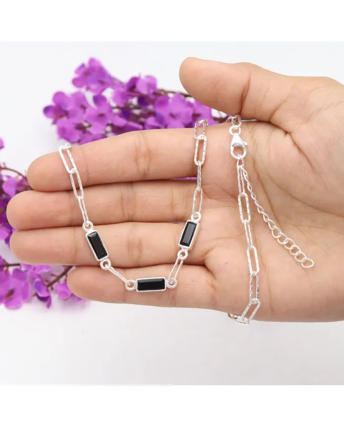 Black Onyx Necklace - 925 Sterling Silver Handmade Chain Jewelry