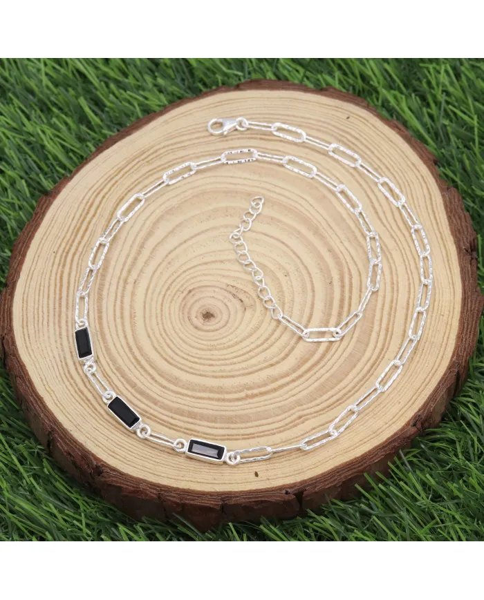 Black Onyx Necklace - 925 Sterling Silver Handmade Chain Jewelry