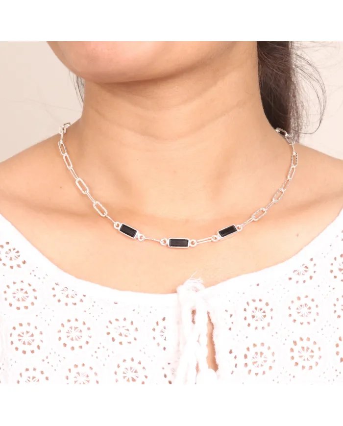 Black Onyx Necklace - 925 Sterling Silver Handmade Chain Jewelry