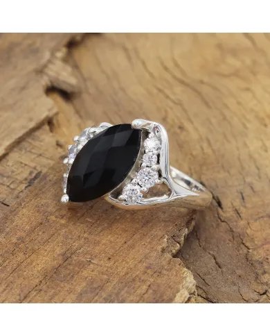 Natural Black Onyx & Swarovski Crystal Ring – 925 Sterling Silver Jewelry