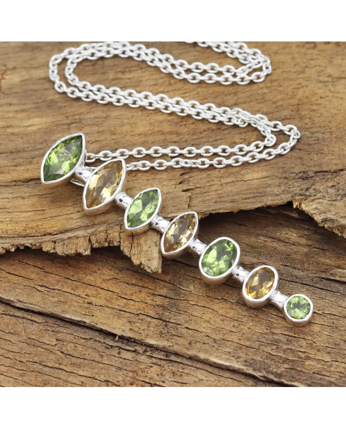 Peridot & Citrine Pendant - 925 Sterling Silver Handmade Chain Jewelry