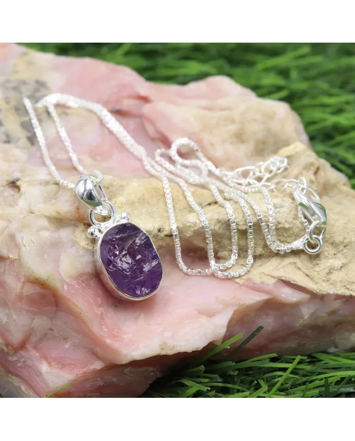 Raw Amethyst Pendant - 925 Sterling Silver Handmade Gemstone Jewelry