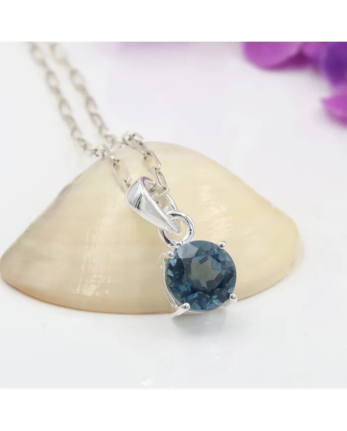 London Blue Topaz Sterling Silver Pendant Necklace - Handmade Gemstone Jewelry