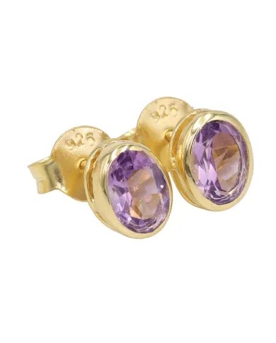 Amethyst Stud Earrings - 925 Sterling Silver Gold Plated Handmade Jewelry
