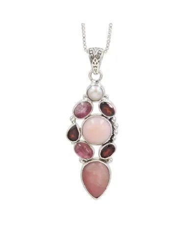 Pink Opal Pendant - Sterling Silver Garnet Tourmaline & Pearl Pendant Handmade Jewelry