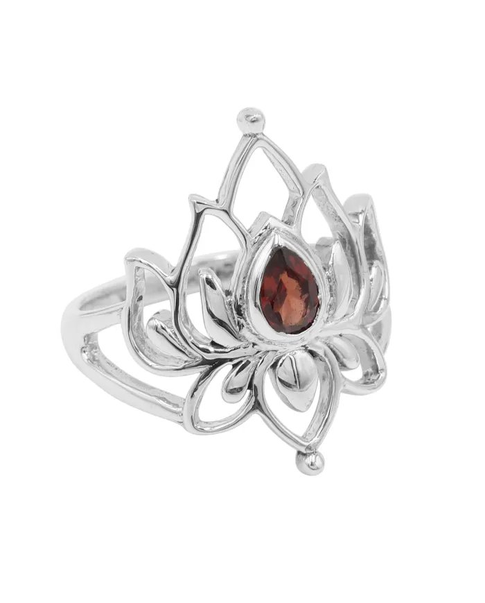 Lotus Garnet Ring - 925 Sterling Silver Ring Engagement Ring Promise Ring Statement Ring January Birthstone Women's Ring