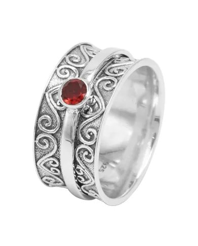 Garnet Wide Band Spinner Ring – 925 Sterling Silver Handmade Jewelry
