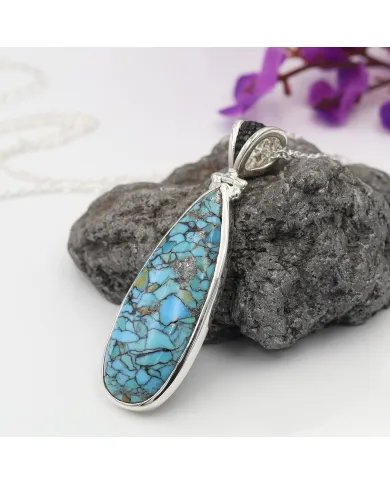 Tibetan Turquoise Pendant Set - 925 Silver Black Stingray Leather Jewelry
