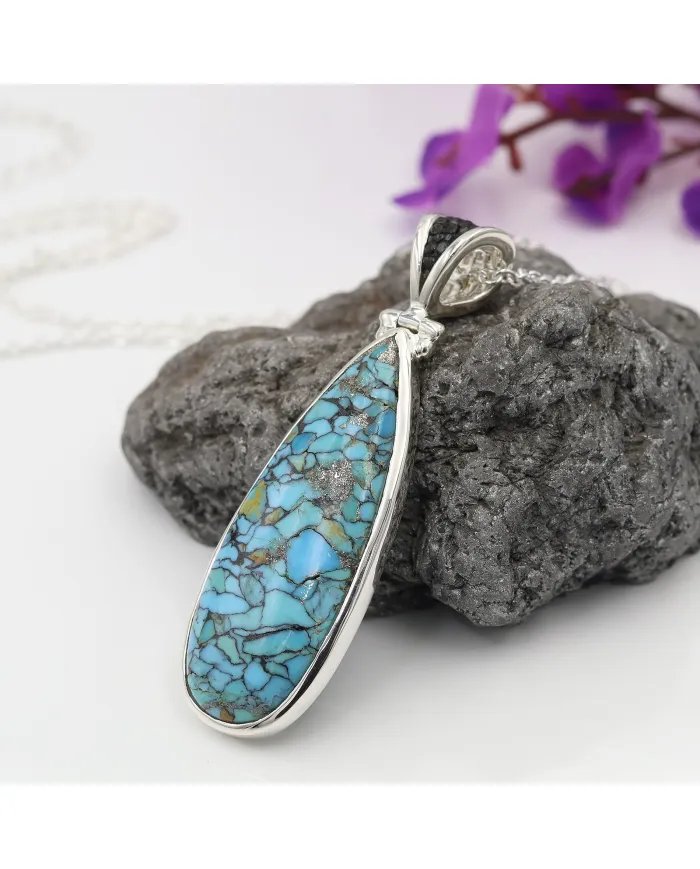 Tibetan Turquoise Pendant Set - 925 Silver Black Stingray Leather Jewelry