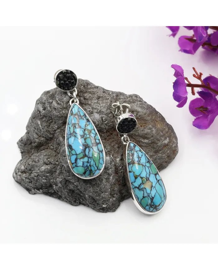 Tibetan Turquoise Pendant With Earrings Set - 925 Sterling Silver Black Stingray Leather Handmade Unique Jewelry