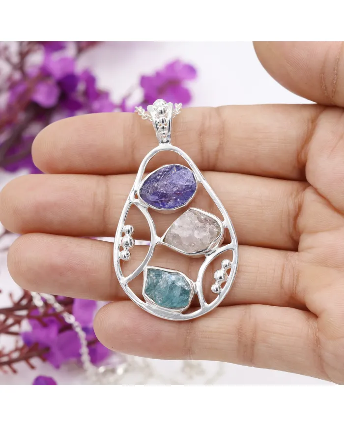 Raw Tanzanite Pendant Necklace with Rose Quartz and Apatite Gemstone