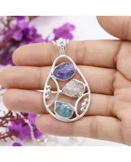 Raw Tanzanite Pendant Necklace with Rose Quartz and Apatite Gemstone