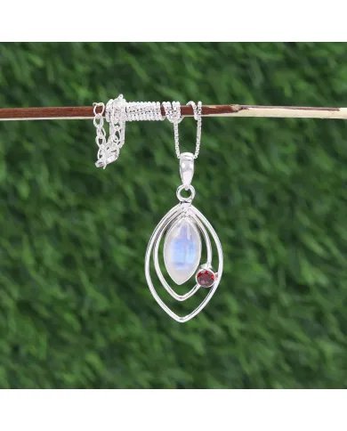 Natural Moonstone & Garnet Pendant – 925 Sterling Silver Birthstone Charm Necklace