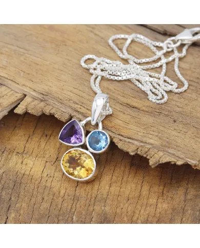 Natural Citrine Pendant - Sterling Silver Amethyst & Swiss Blue Topaz Pendant Handmade Pendant Women's Jewelry