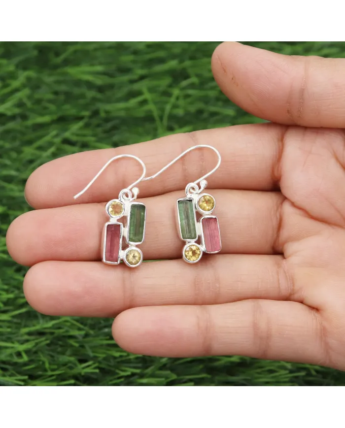 Tourmaline & Citrine Dangle Earrings - 925 Sterling Silver Jewelry