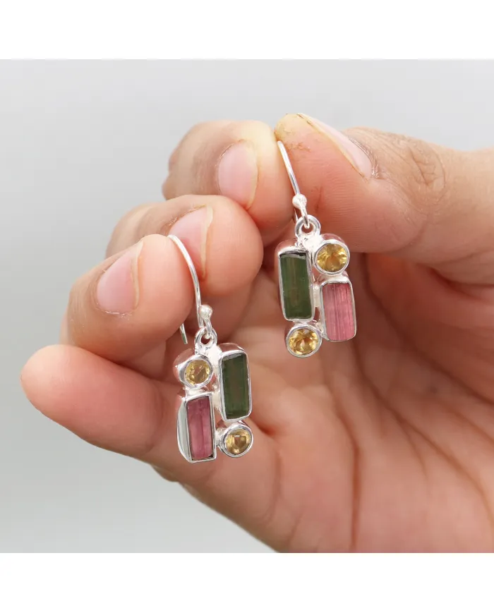 Tourmaline & Citrine Dangle Earrings - 925 Sterling Silver Jewelry