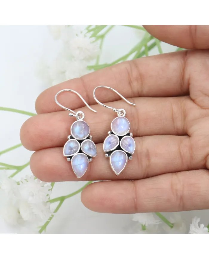 Rainbow Moonstone Dangle Earrings – 925 Sterling Silver Handmade Jewelry