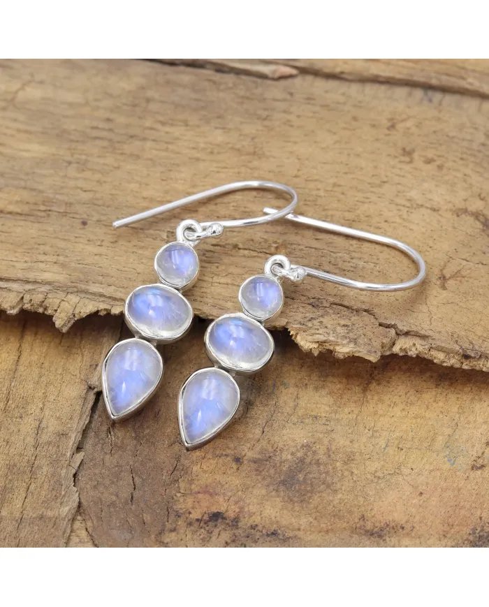 Rainbow Moonstone Dangle Earrings - 925 Sterling Silver Handmade Jewelry