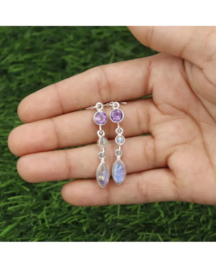 Amethyst Earrings, 925 Sterling Silver, Moonstone Handmade Drop Earrings, Birthstone Earrings for women