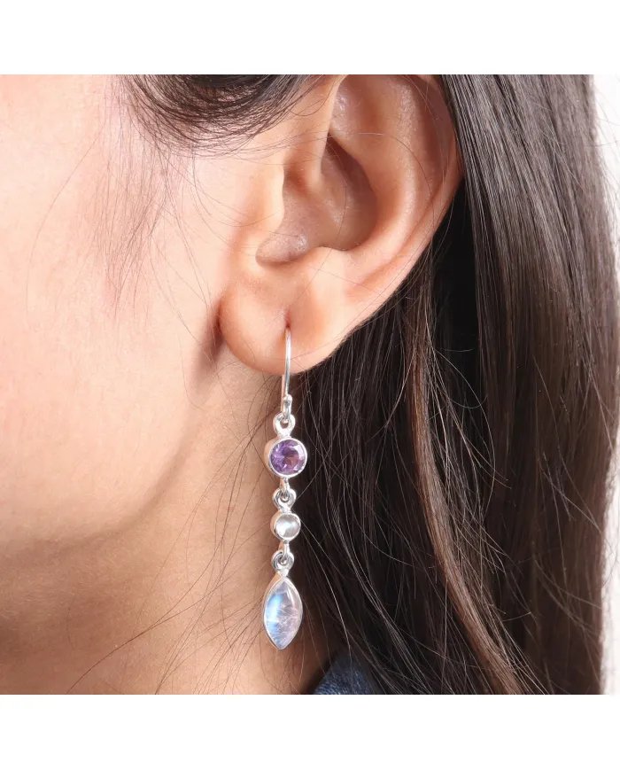 Amethyst Earrings, 925 Sterling Silver, Moonstone Handmade Drop Earrings, Birthstone Earrings for women
