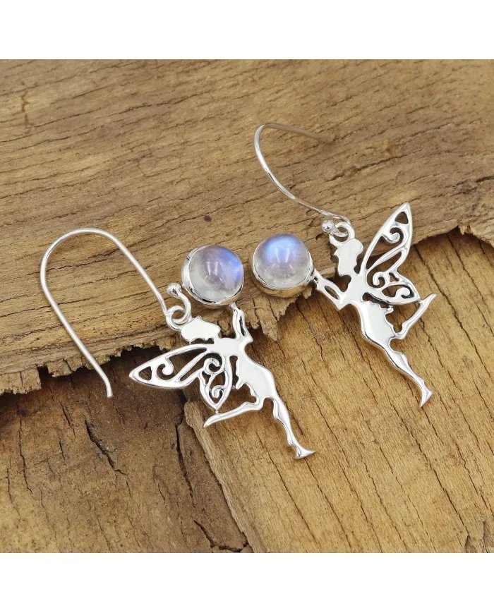 Rainbow Moonstone Fairy Dangle Earrings - 925 Sterling Silver Jewelry