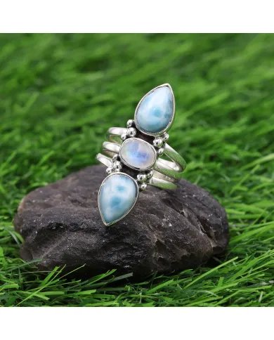 Larimar & Rainbow Moonstone Ring – Handmade 925 Sterling Silver Jewelry
