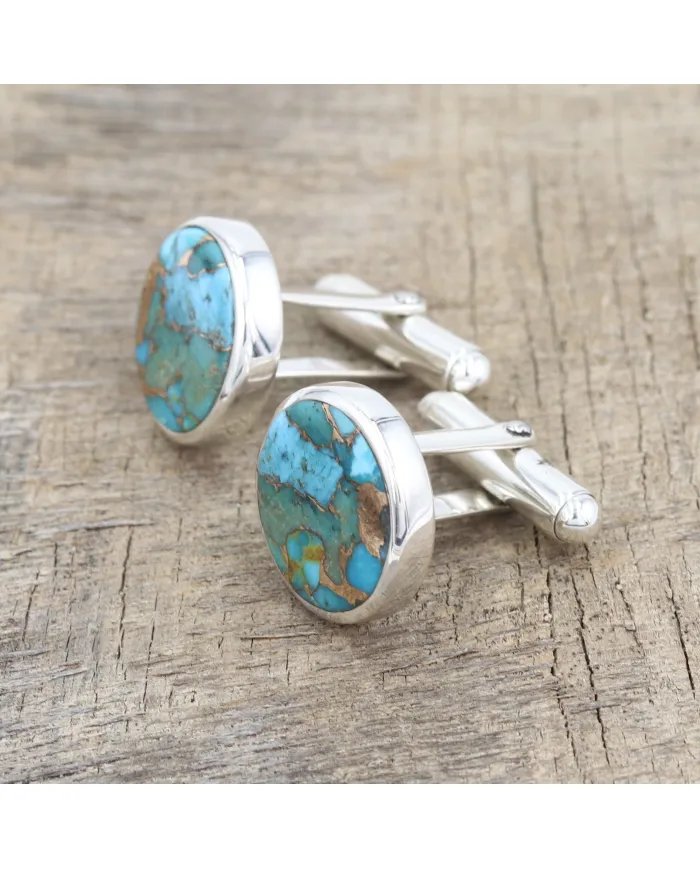 Blue Copper Turquoise Men's Studs - 925 Sterling Silver Handmade Cufflinks