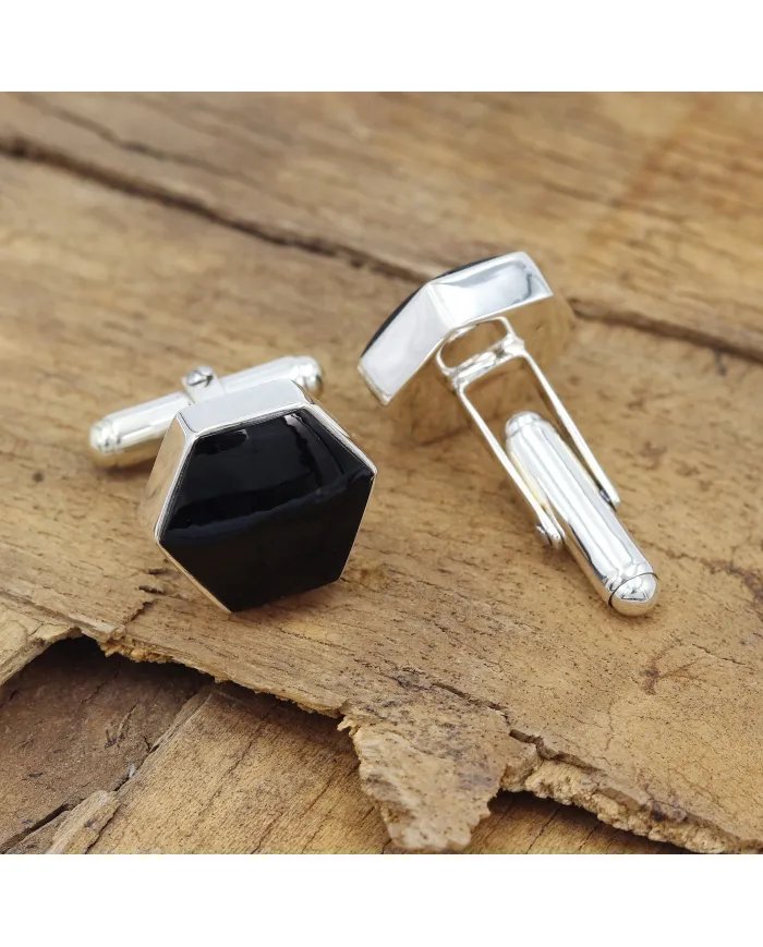 Premium Natural Black Onyx Cufflinks – Timeless Sterling Silver Design
