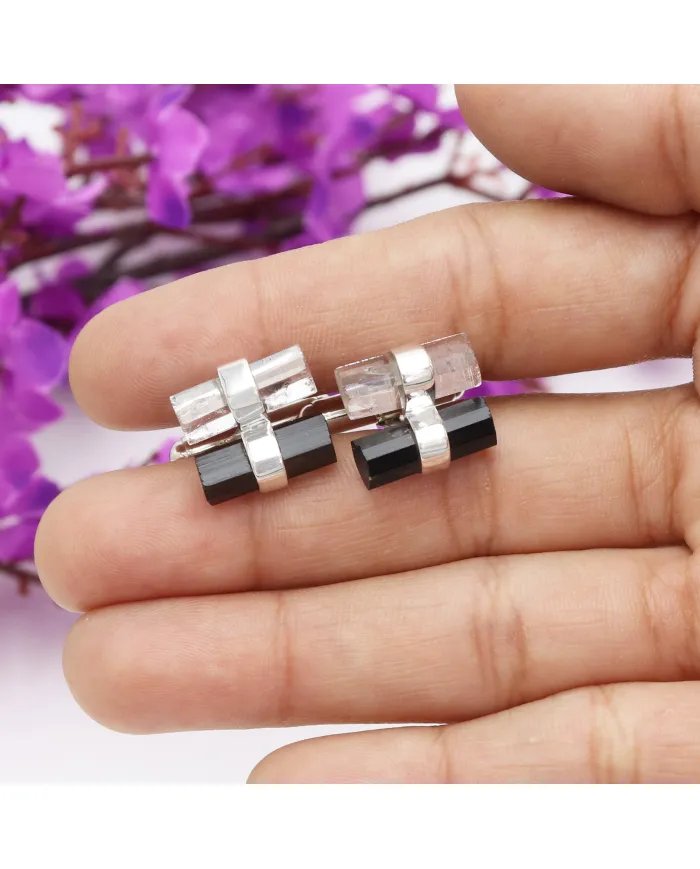 Black Tourmaline & Lemurian Quartz Men's Cufflinks - 925 Silver Jewelry