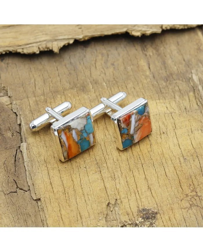 Orange Spiny Turquoise Cufflinks - Sterling Silver Handmade Men's Jewelry