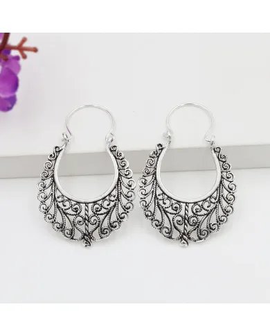 Filigree Oxidized Hoop Earrings - 925 Silver Boho Style Jewelry for Women