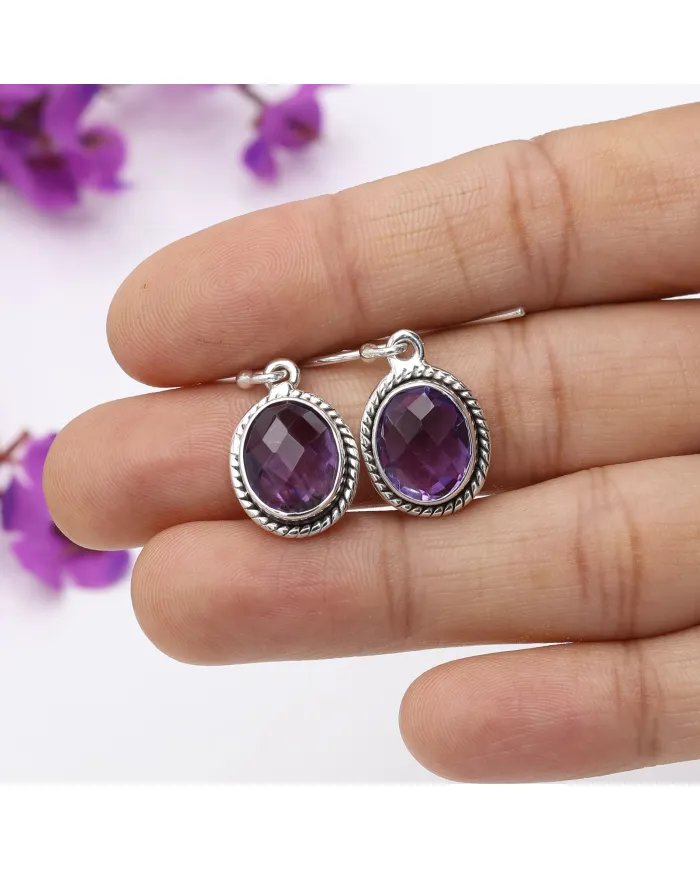 Natural Amethyst Earrings - Sterling Silver Bohemian Handmade Drop Earrings