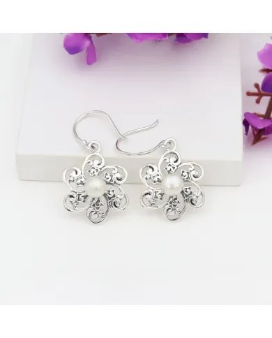 Pearl Earrings - Handmade 925 Sterling Silver Flower Design Jewelry