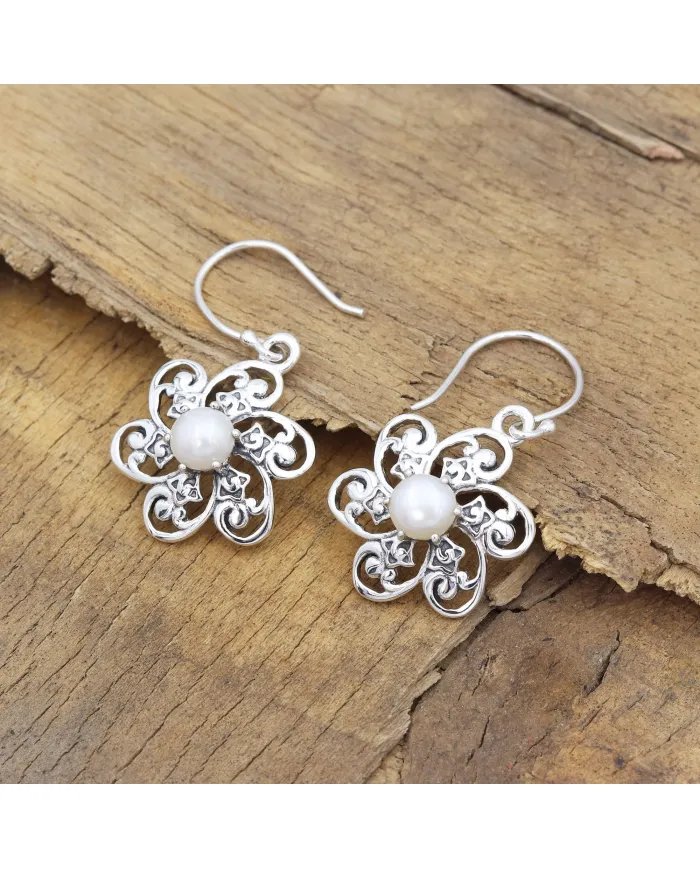 Pearl Earrings - Handmade 925 Sterling Silver Flower Design Jewelry