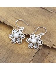 Pearl Earrings - Handmade 925 Sterling Silver Flower Design Jewelry
