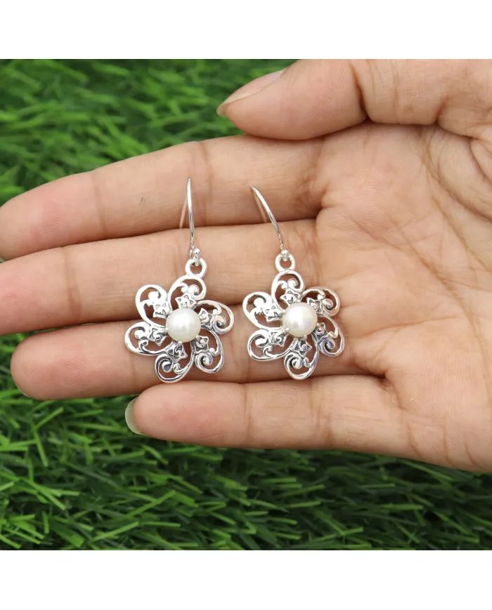 Pearl Earrings - Handmade 925 Sterling Silver Flower Design Jewelry