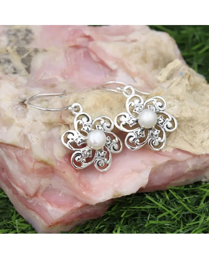 Pearl Earrings - Handmade 925 Sterling Silver Flower Design Jewelry