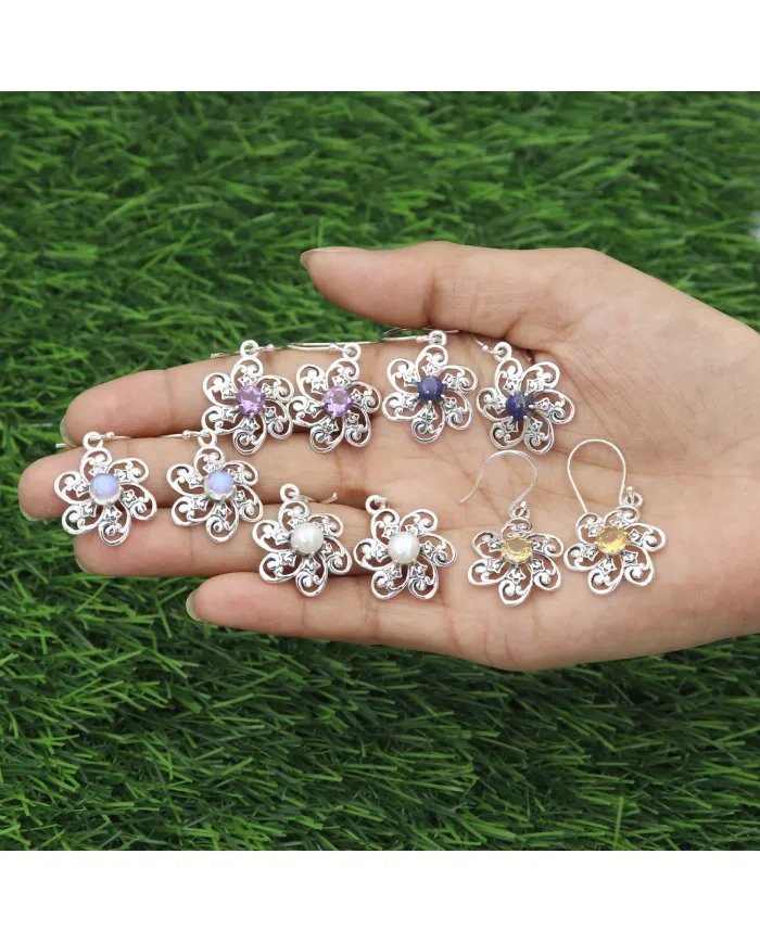 Handmade Lapis Lazuli Earrings – 925 Sterling Silver Flower Design