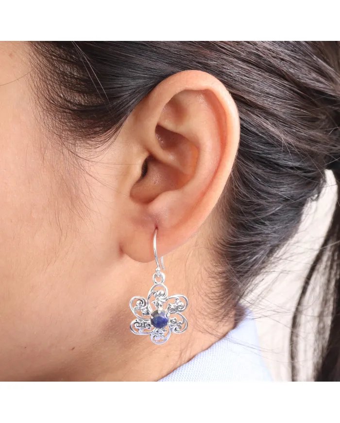 Handmade Lapis Lazuli Earrings – 925 Sterling Silver Flower Design