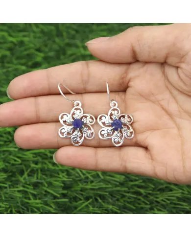 Handmade Lapis Lazuli Earrings – 925 Sterling Silver Flower Design