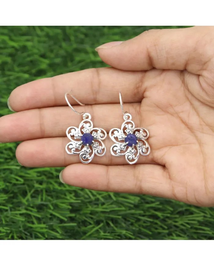 Handmade Lapis Lazuli Earrings – 925 Sterling Silver Flower Design