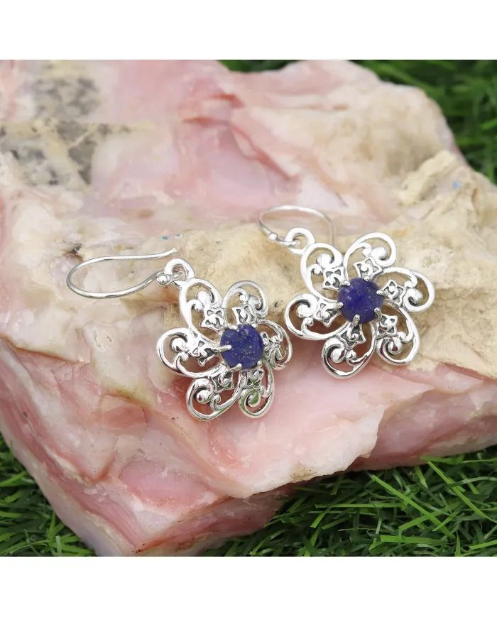 Handmade Lapis Lazuli Earrings – 925 Sterling Silver Flower Design