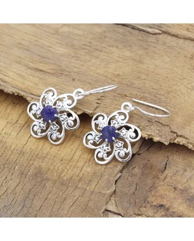 Handmade Lapis Lazuli Earrings – 925 Sterling Silver Flower Design