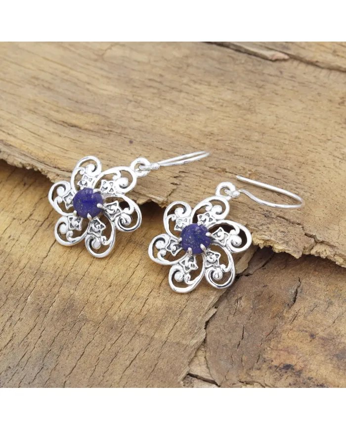 Handmade Lapis Lazuli Earrings – 925 Sterling Silver Flower Design